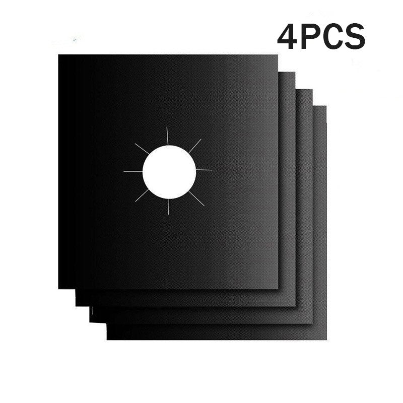 Four black reusable gas stove liners