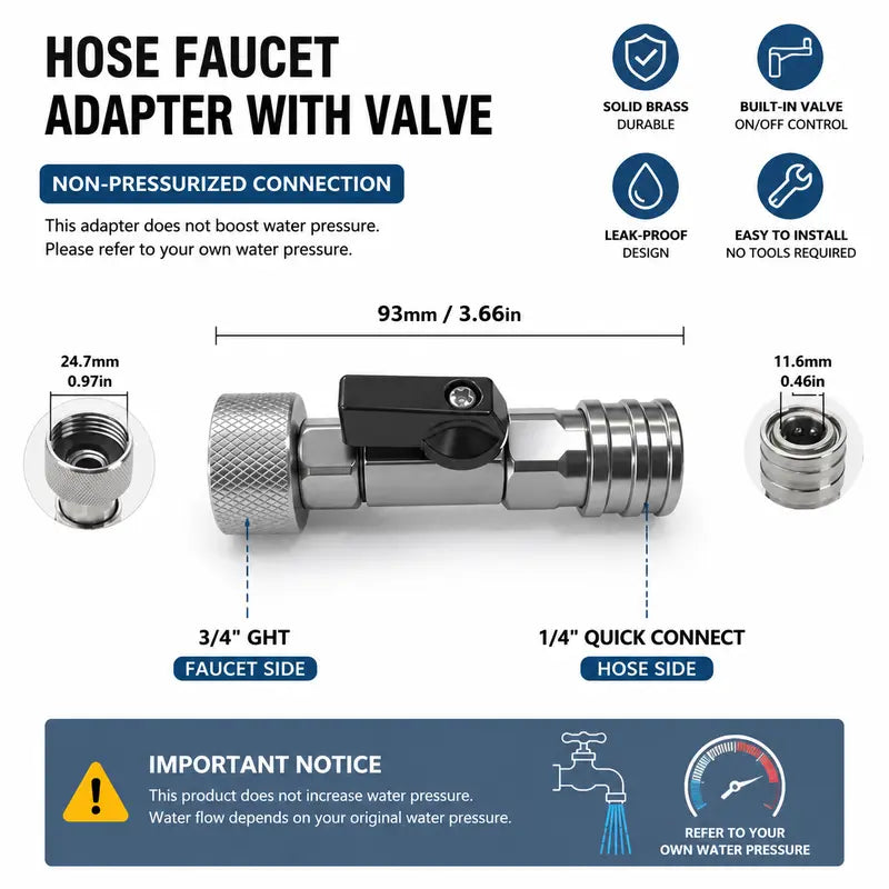 Garden Hose Shut Off Valve to Mini Power Washer Adapter, 3/4" GHT to 1/4" Quick Connect