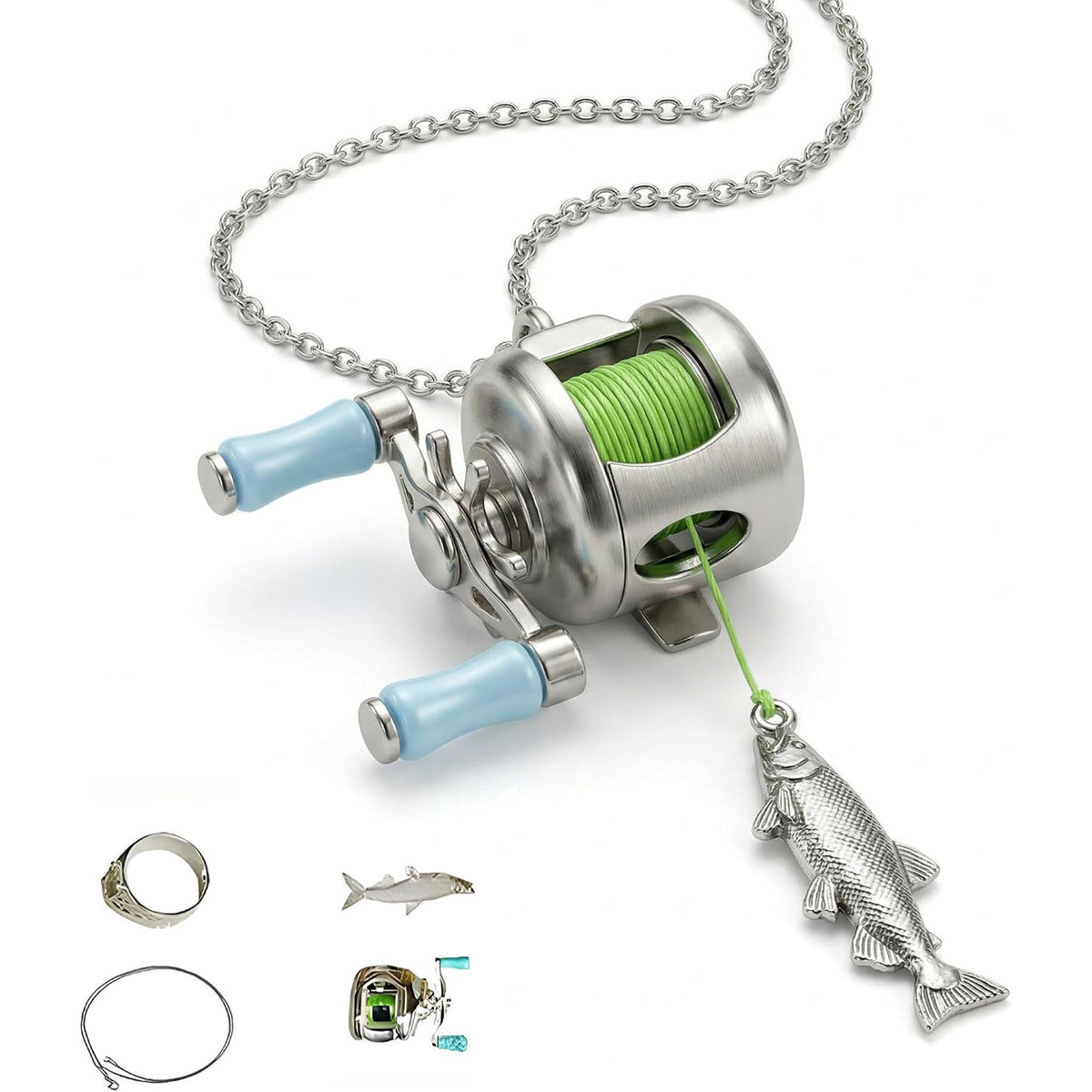 Fishing Reel Necklace with Rotating Handle & Moving Line Guide