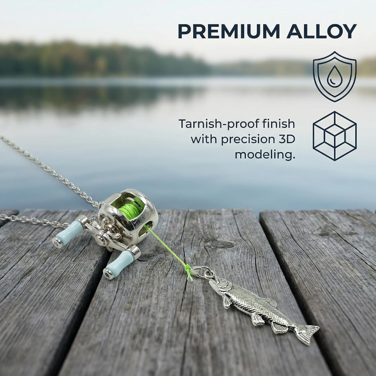 Fishing Reel Necklace with Rotating Handle & Moving Line Guide