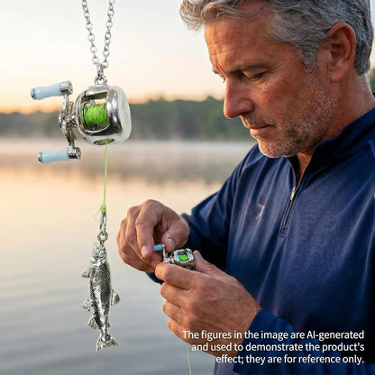 Fishing Reel Necklace with Rotating Handle & Moving Line Guide