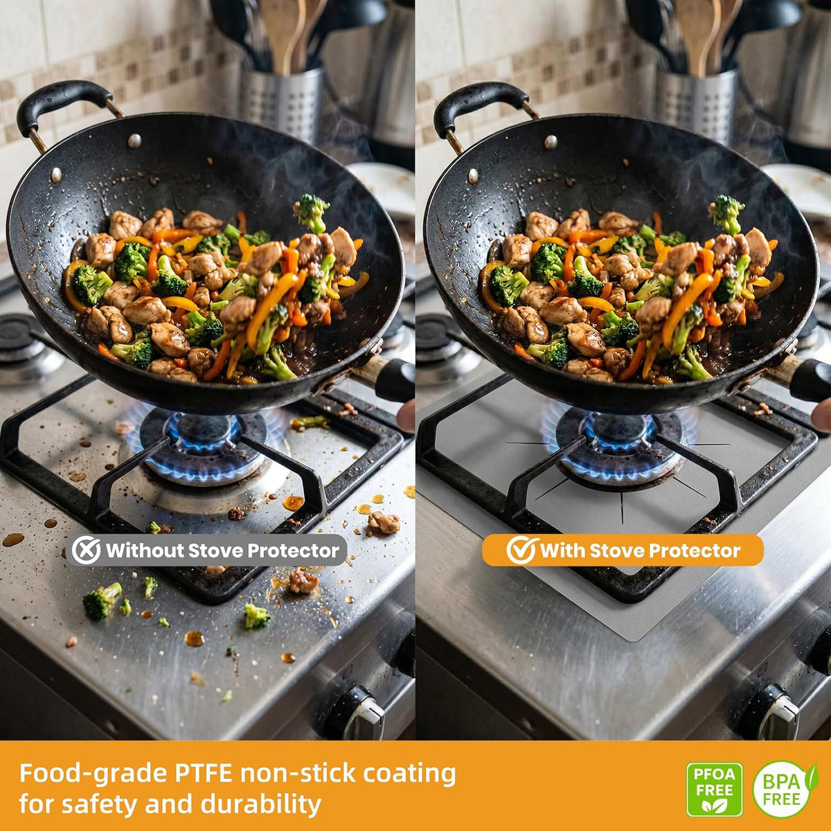 Before and after comparison of a greasy gas stove and a stove protected by a reusable burner liner