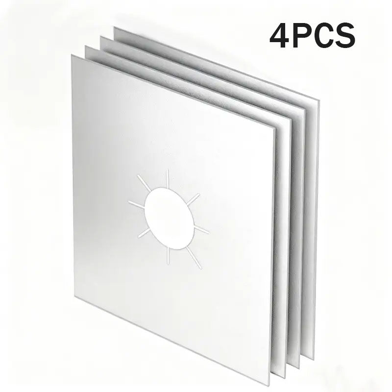 Four silver reusable gas stove liners
