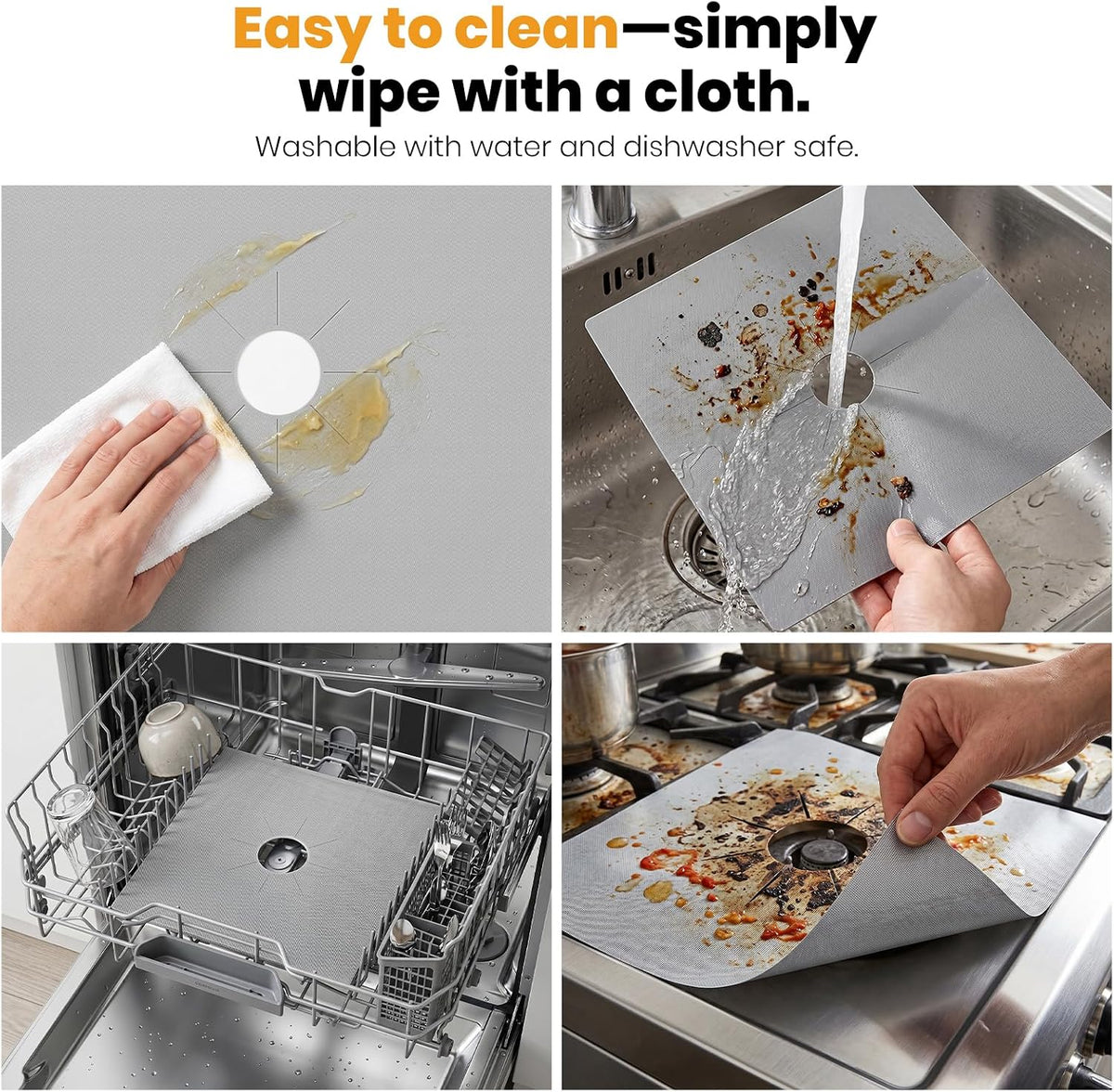 Reusable gas stove liner being wiped, rinsed and cleaned in a dishwasher