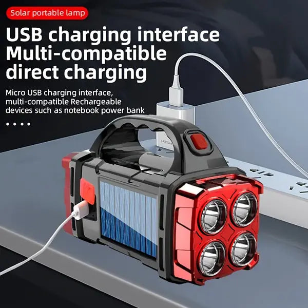 High-Power 4-LED Flashlight – Solar Powered & USB Rechargeable