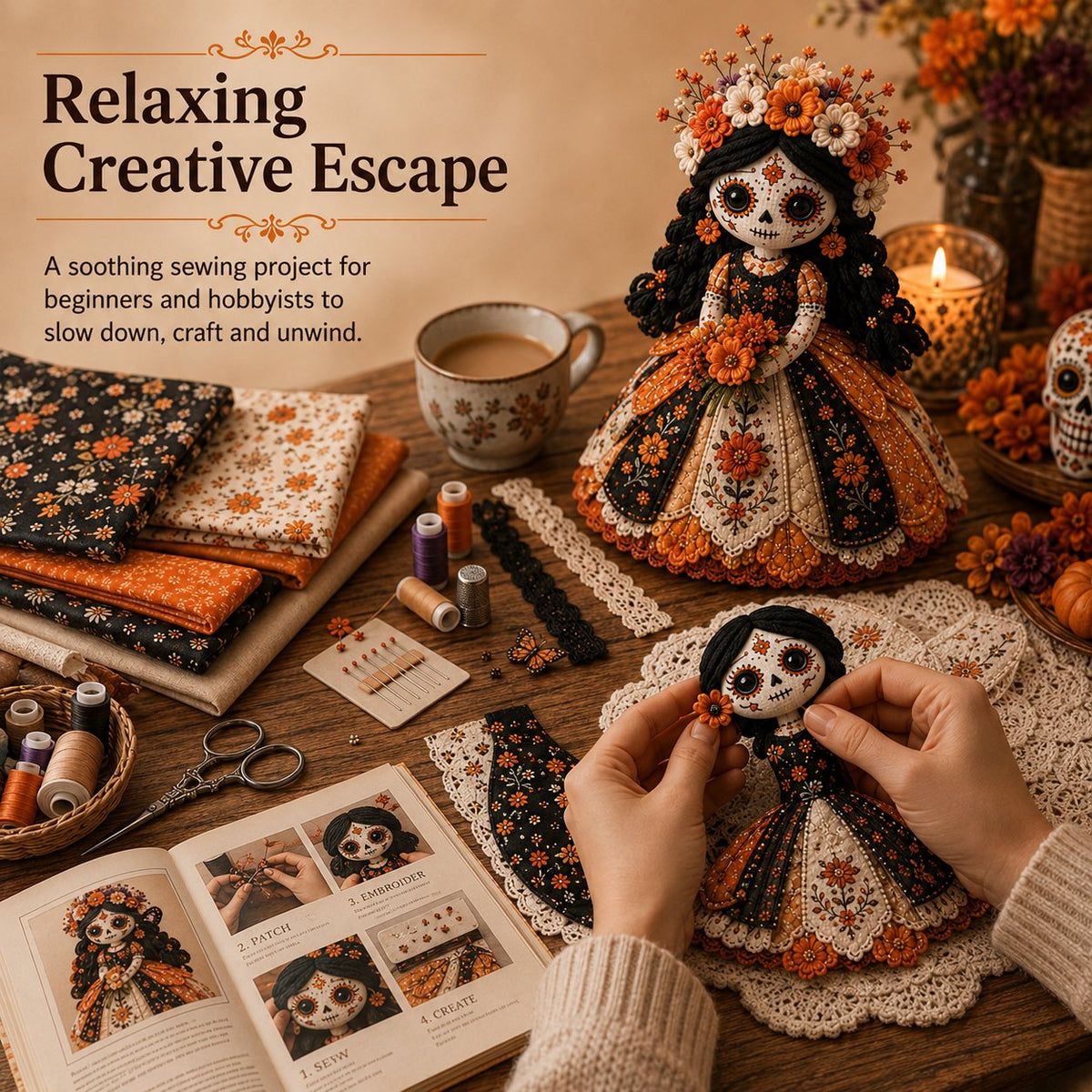 Day of the Dead Patchwork Doll DIY Sewing Kit – Handmade Fabric Doll Making Kit with Floral Details