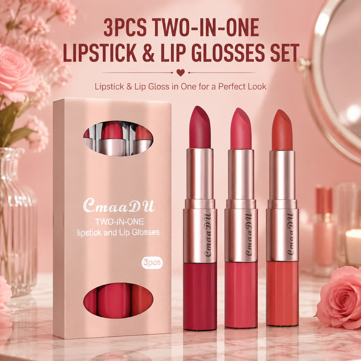 3PCS 2-in-1 Matte Lipstick & Lip Gloss Set