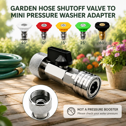 Garden Hose Shut Off Valve to Mini Power Washer Adapter, 3/4" GHT to 1/4" Quick Connect