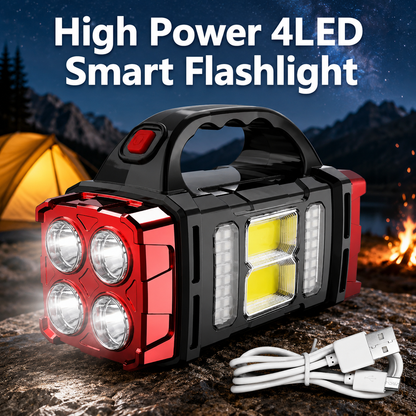 High-Power 4-LED Flashlight – Solar Powered & USB Rechargeable